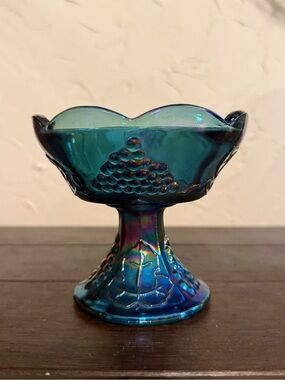 VTG Iridescent Blue Carnival “Harvest" Candlestick Holder #2970,Indiana Glass Co